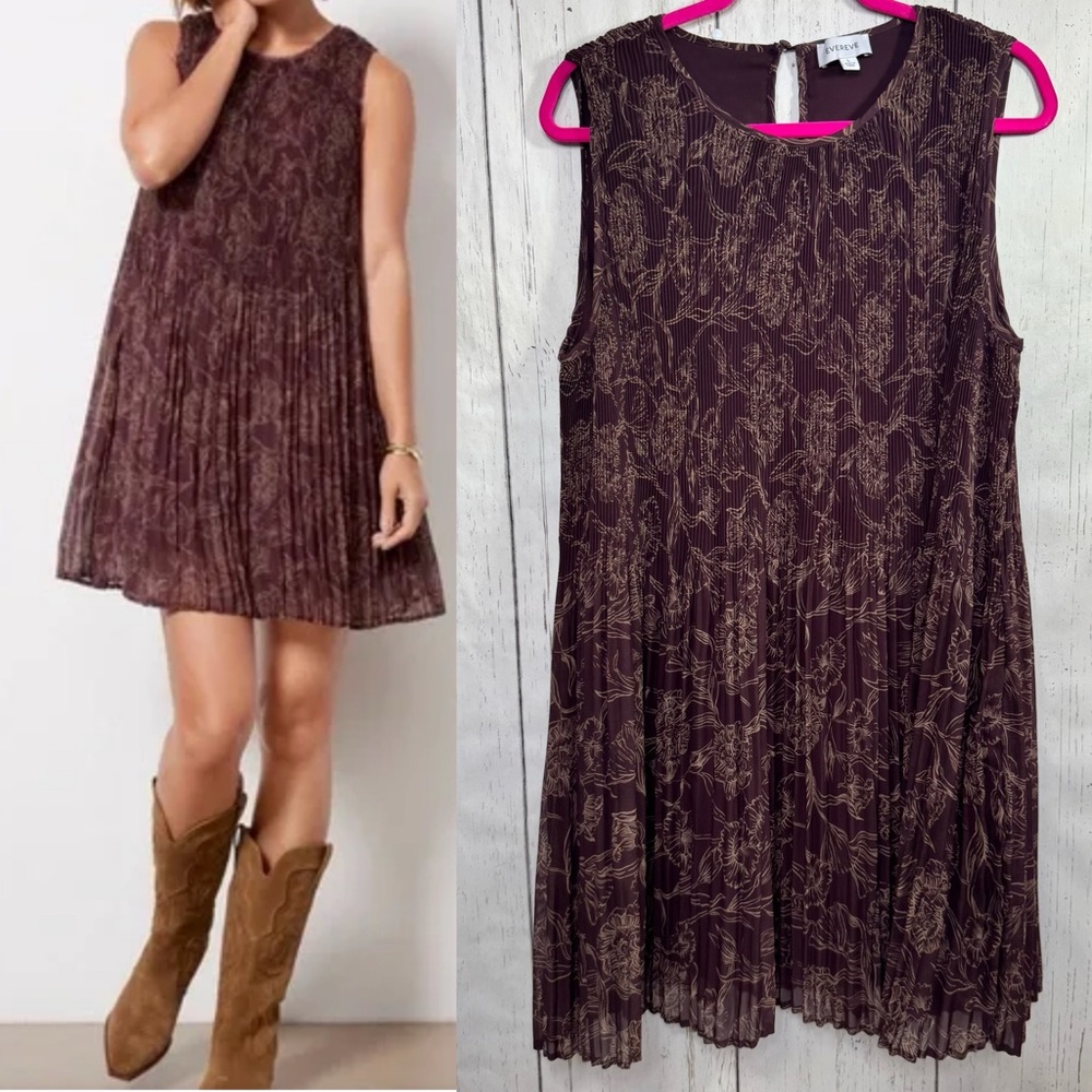 Evereve Sleeveless Pleated Floral Dress Size L Boho Soft Work to Weekend Modest